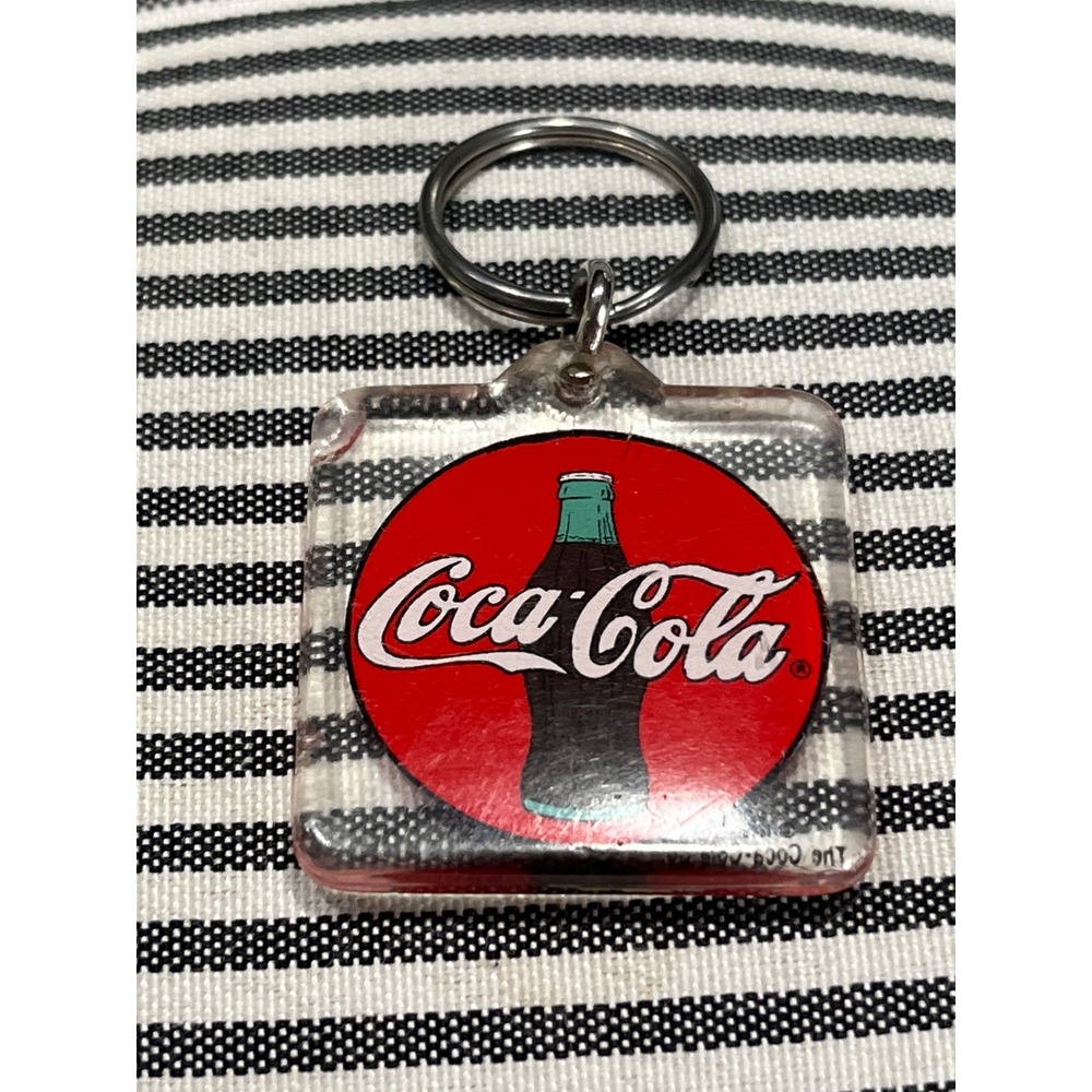 Vintage 1991 Coca-Cola Keychain Red Disc Bottle Logo Acrylic Key Fob Soda Pop